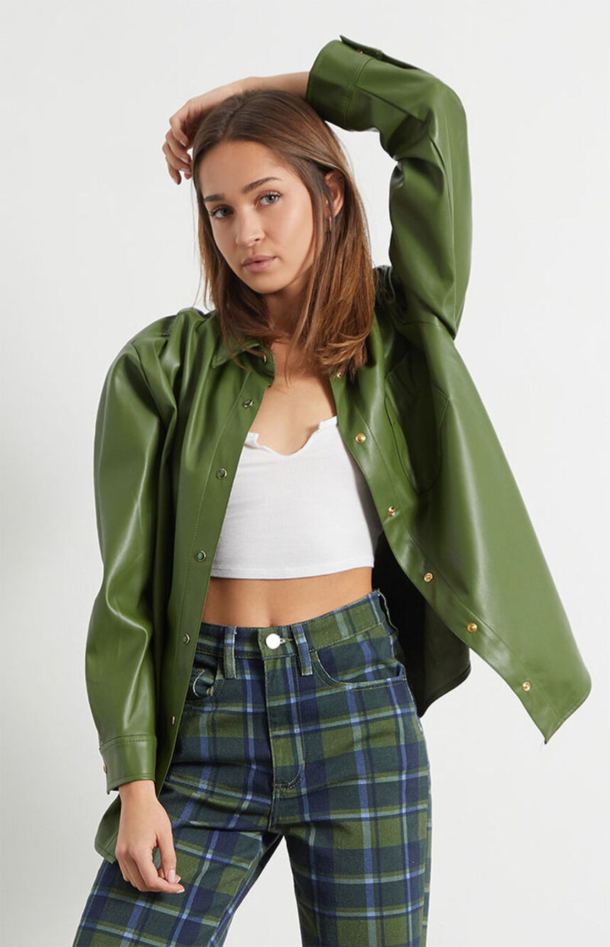 WeWoreWhat Women's Green Faux Leather Vegan Shacket Jacket Shirt Top Size M